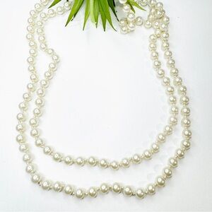 Vintage 60” White Faux Pearl Glass Hand Knotted Beaded Endless Strand Necklace